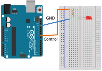Компоновка макетной платы для управления светодиодом с Arduino