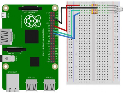 Компоновка макетной платы для смешивания цветов RGB-светодиода с помощью Raspberry Pi