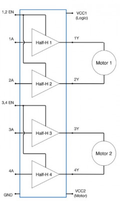 Схема внутреннего устройства и контактов микросхемы L293D