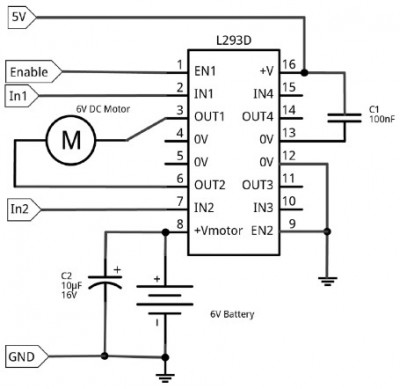 Электрическая схема подключения Н-моста микросхемы L293D