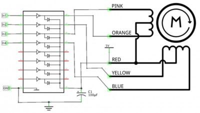 Схема управления униполярным шаговым двигателем (цвета проводов реальной схемы могут отличаться от тех, что здесь указаны)